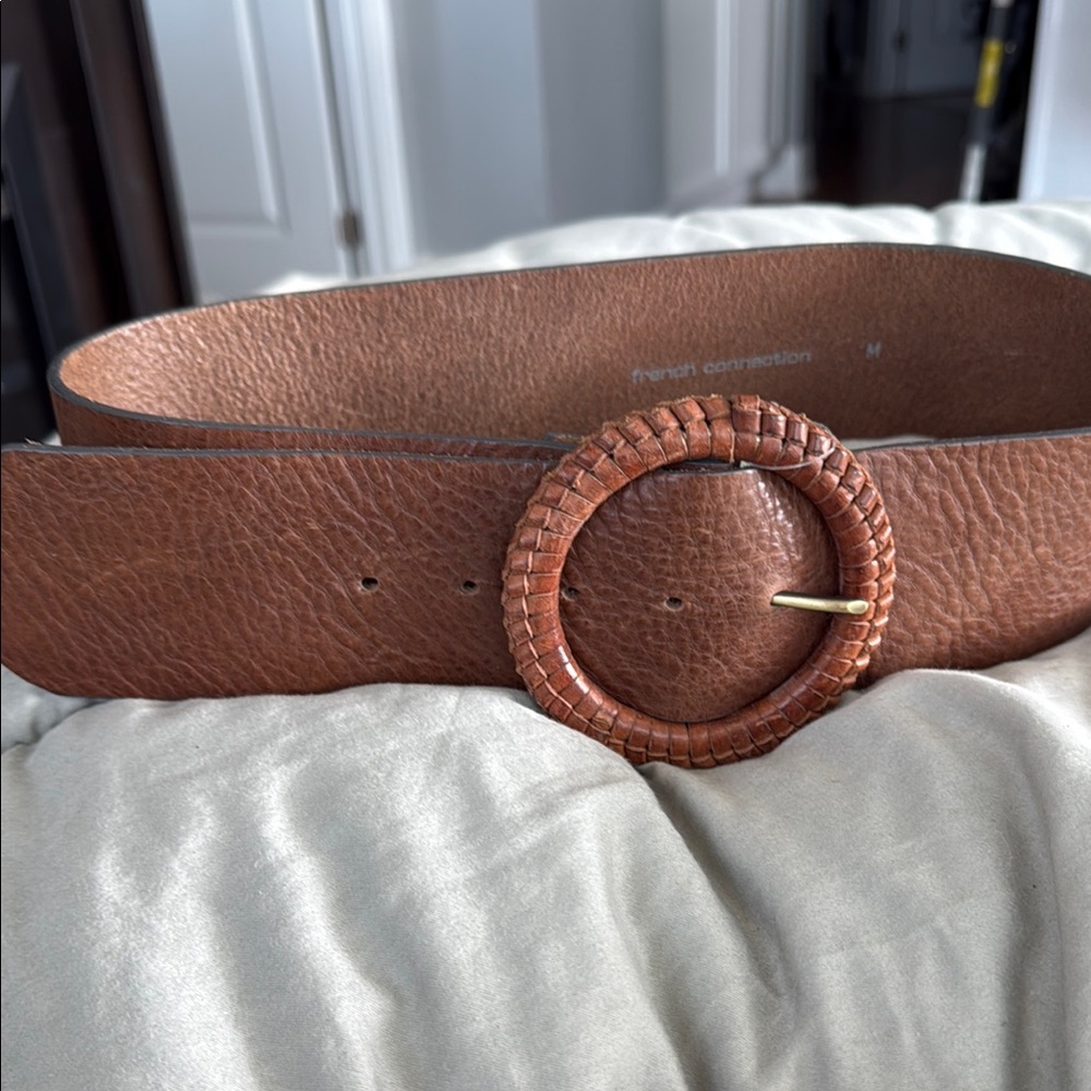 French Connection Brown Leather Belt with Textured Buckle 34"